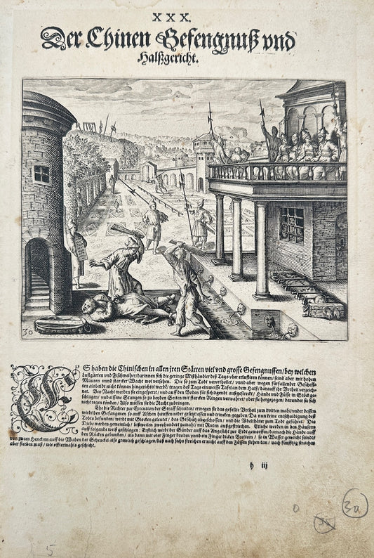 Antique Print - Johann Theodor de Bry - The Chinese Prison and Tribunal - C2