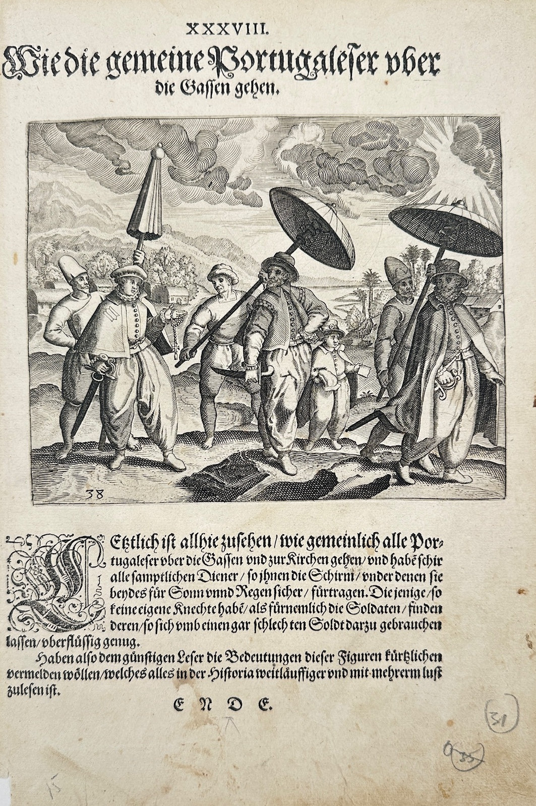 Antique Print - Theodor de Bry - The Portuguese are Walking the Street - C2