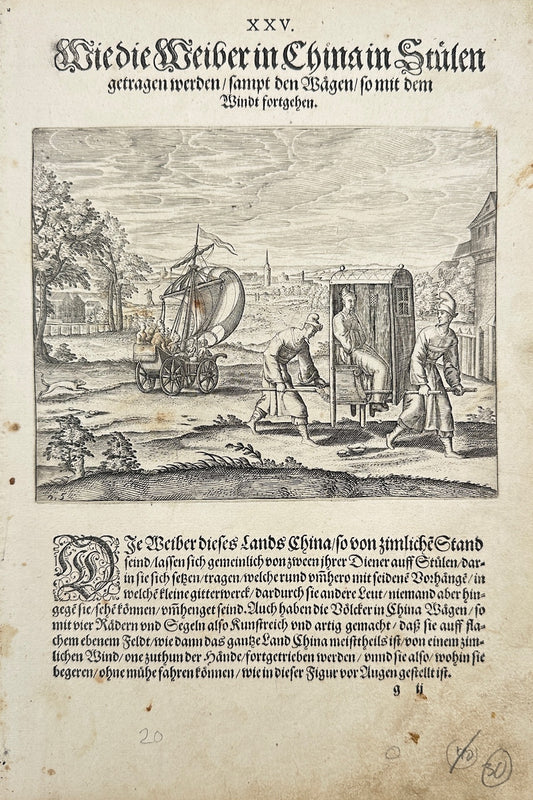 Antique Print - Theodor de Bry - Two Methods of Transportation in China - C2