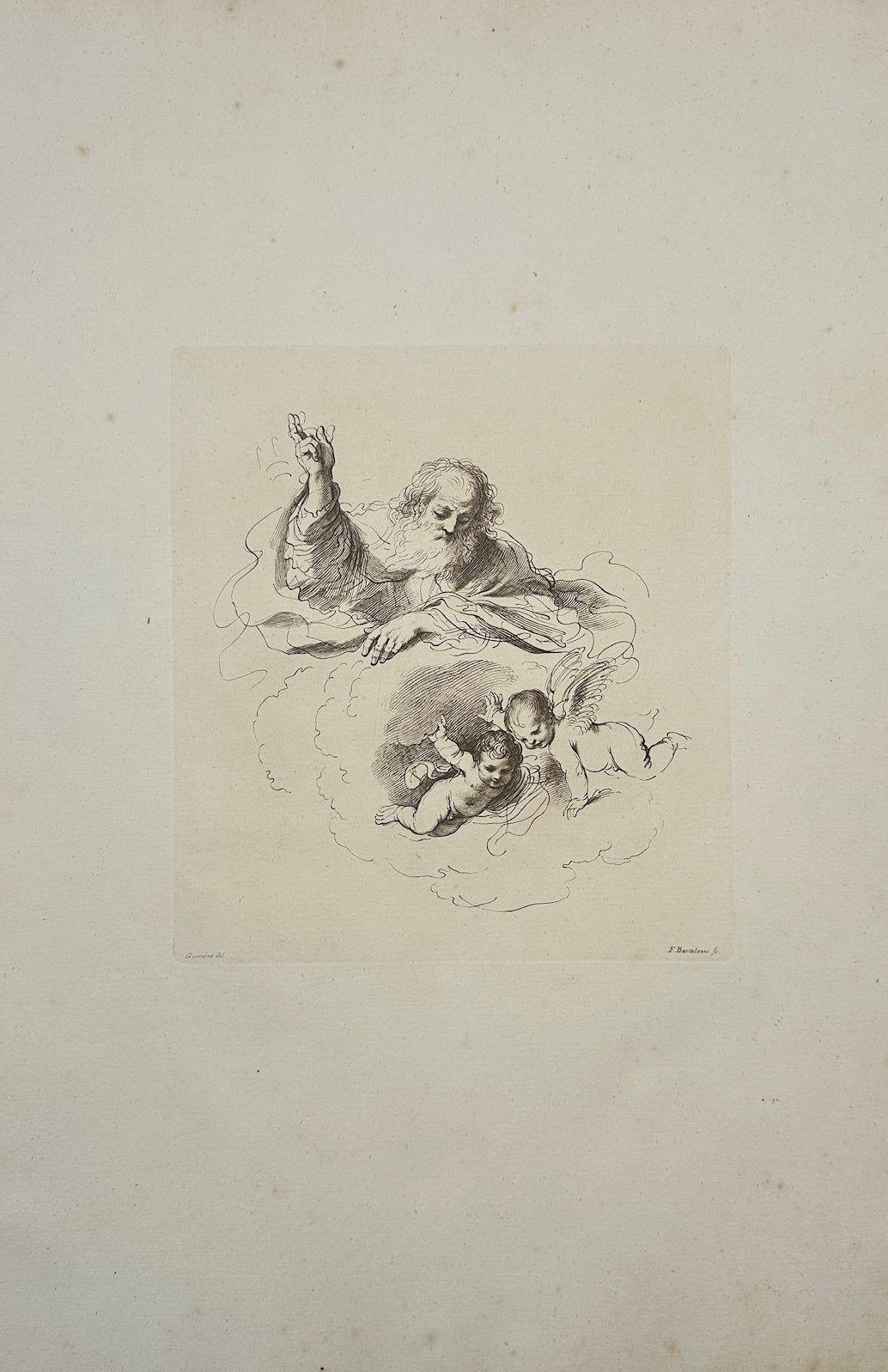 Antique Print - Bartolozzi - God the Father in Heaven With Two Angels - F1