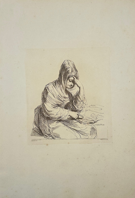 Original Antique Print - Francesco Bartolozzi - Woman Studying - London - F1