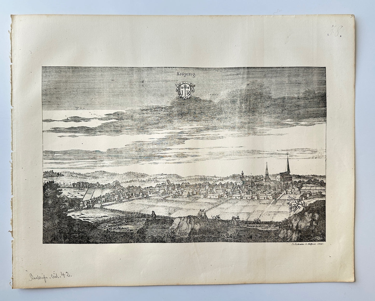 Original Antique Topographical - Erik Dahlberg - View of Koping in Sweden - E1
